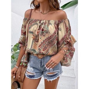 boho Paisley Print Off Shoulder Flounce long Sleeve Blouse